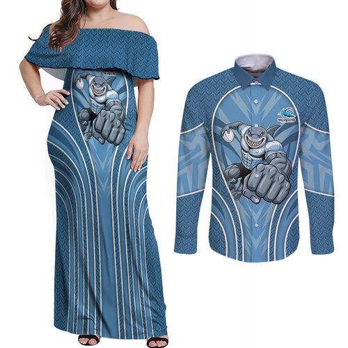 Cronulla Sutherland Sharks Rugby Mascot Couples Matching Off Shoulder Maxi Dress and Long Sleeve Button Shirt Australian Rugby Culture - Tribal Inspired Sharks