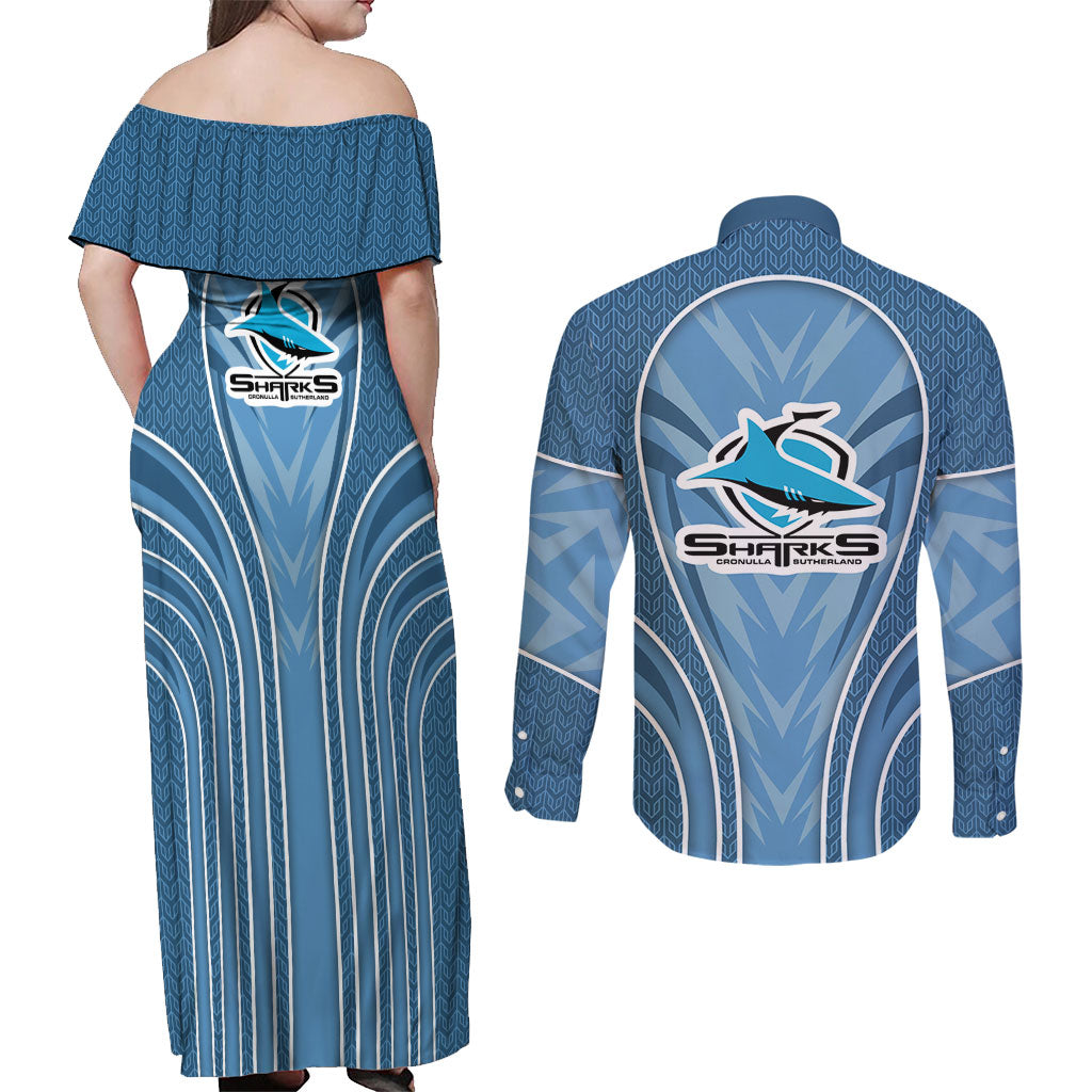 Cronulla Sutherland Sharks Rugby Mascot Couples Matching Off Shoulder Maxi Dress and Long Sleeve Button Shirt Australian Rugby Culture - Tribal Inspired Sharks