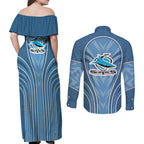 Cronulla Sutherland Sharks Rugby Mascot Couples Matching Off Shoulder Maxi Dress and Long Sleeve Button Shirt Australian Rugby Culture - Tribal Inspired Sharks