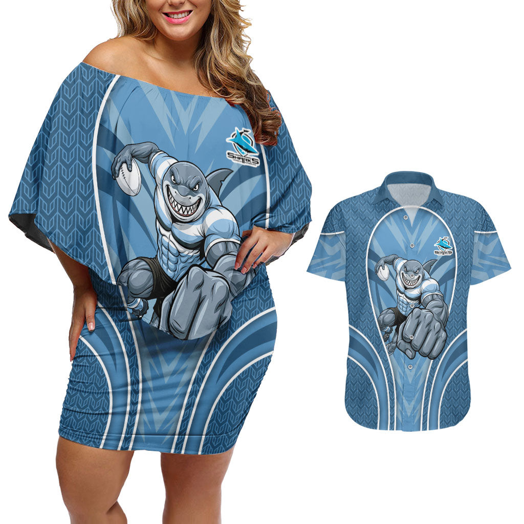 Cronulla Sutherland Sharks Rugby Mascot Couples Matching Off Shoulder Short Dress and Hawaiian Shirt Australian Rugby Culture - Tribal Inspired Sharks