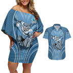 Cronulla Sutherland Sharks Rugby Mascot Couples Matching Off Shoulder Short Dress and Hawaiian Shirt Australian Rugby Culture - Tribal Inspired Sharks