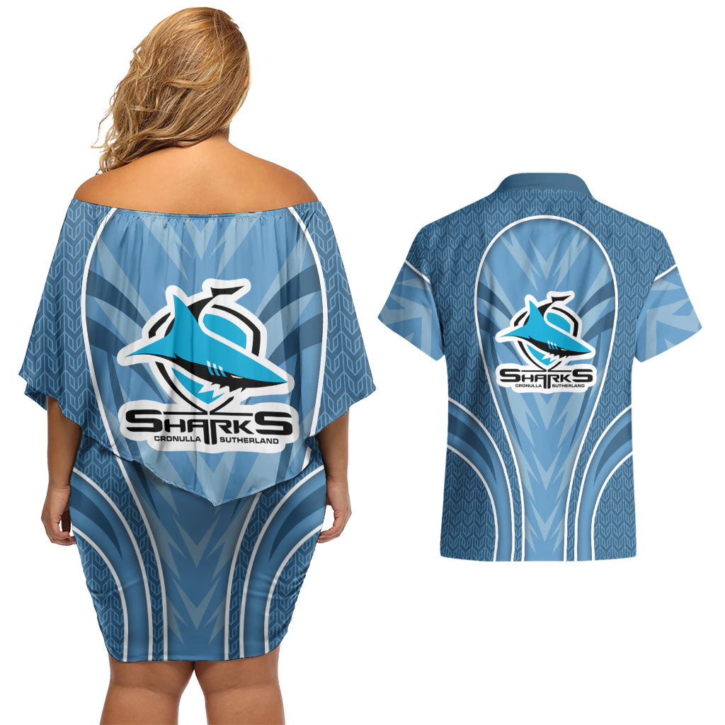 Cronulla Sutherland Sharks Rugby Mascot Couples Matching Off Shoulder Short Dress and Hawaiian Shirt Australian Rugby Culture - Tribal Inspired Sharks