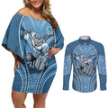 Cronulla Sutherland Sharks Rugby Mascot Couples Matching Off Shoulder Short Dress and Long Sleeve Button Shirt Australian Rugby Culture - Tribal Inspired Sharks