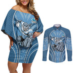 Cronulla Sutherland Sharks Rugby Mascot Couples Matching Off Shoulder Short Dress and Long Sleeve Button Shirt Australian Rugby Culture - Tribal Inspired Sharks