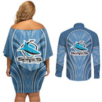 Cronulla Sutherland Sharks Rugby Mascot Couples Matching Off Shoulder Short Dress and Long Sleeve Button Shirt Australian Rugby Culture - Tribal Inspired Sharks