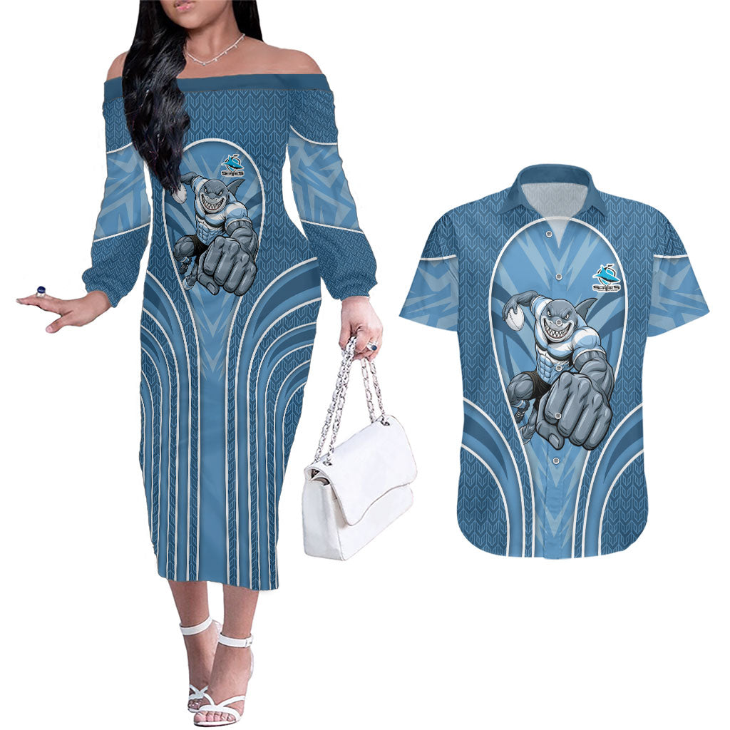 Cronulla Sutherland Sharks Rugby Mascot Couples Matching Off The Shoulder Long Sleeve Dress and Hawaiian Shirt Australian Rugby Culture - Tribal Inspired Sharks