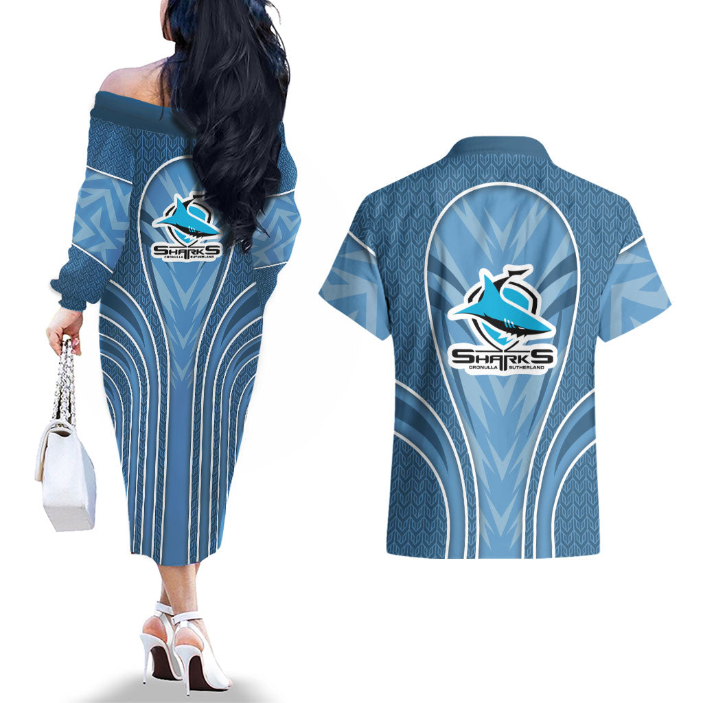 Cronulla Sutherland Sharks Rugby Mascot Couples Matching Off The Shoulder Long Sleeve Dress and Hawaiian Shirt Australian Rugby Culture - Tribal Inspired Sharks