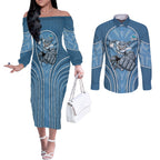 Cronulla Sutherland Sharks Rugby Mascot Couples Matching Off The Shoulder Long Sleeve Dress and Long Sleeve Button Shirt Australian Rugby Culture - Tribal Inspired Sharks