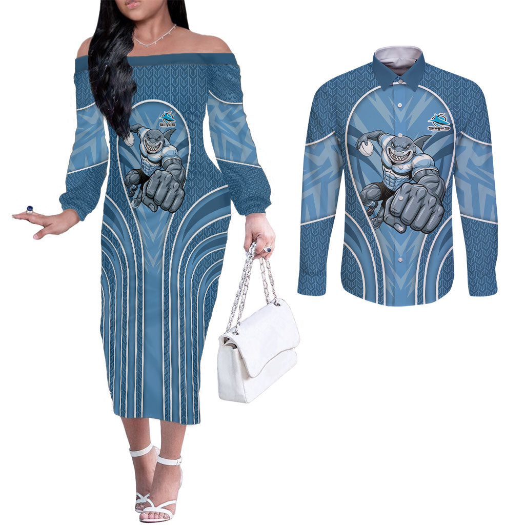 Cronulla Sutherland Sharks Rugby Mascot Couples Matching Off The Shoulder Long Sleeve Dress and Long Sleeve Button Shirt Australian Rugby Culture - Tribal Inspired Sharks