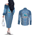 Cronulla Sutherland Sharks Rugby Mascot Couples Matching Off The Shoulder Long Sleeve Dress and Long Sleeve Button Shirt Australian Rugby Culture - Tribal Inspired Sharks