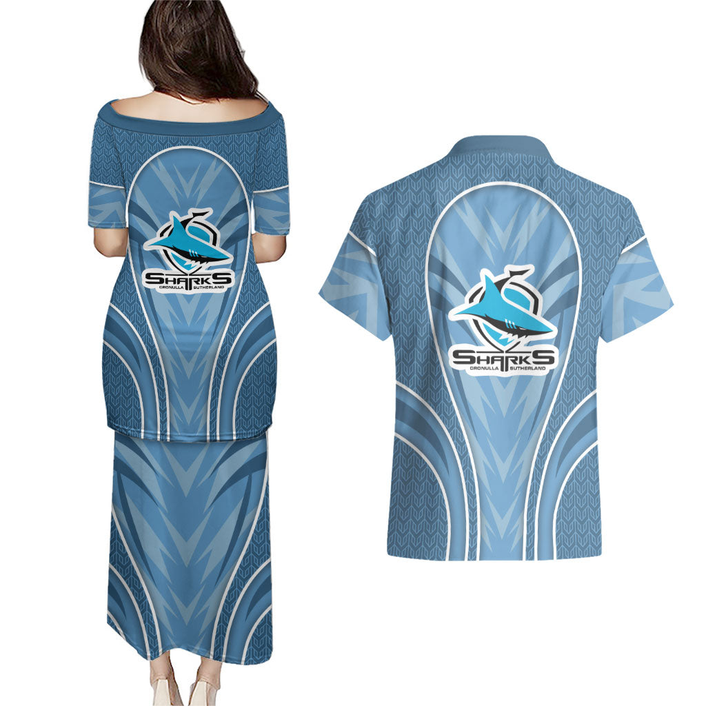 Cronulla Sutherland Sharks Rugby Mascot Couples Matching Puletasi and Hawaiian Shirt Australian Rugby Culture - Tribal Inspired Sharks