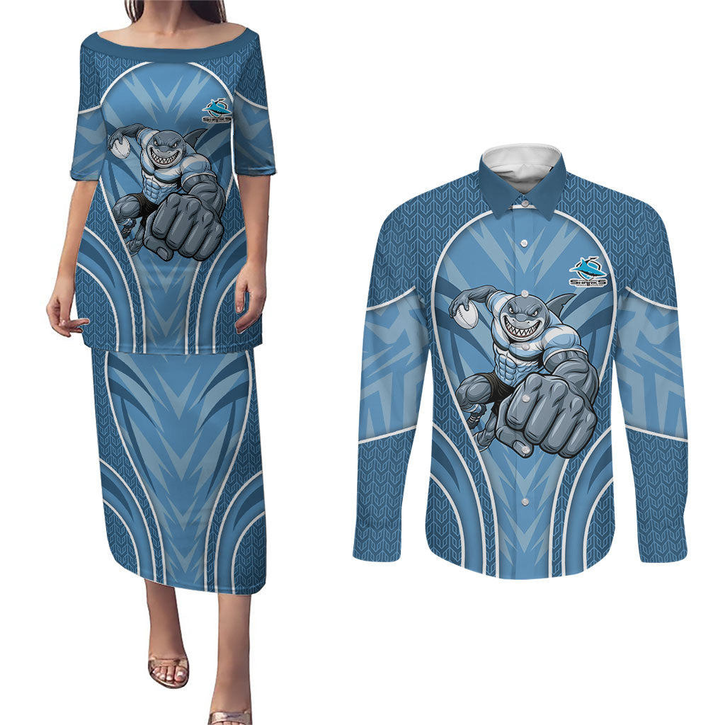 Cronulla Sutherland Sharks Rugby Mascot Couples Matching Puletasi and Long Sleeve Button Shirt Australian Rugby Culture - Tribal Inspired Sharks