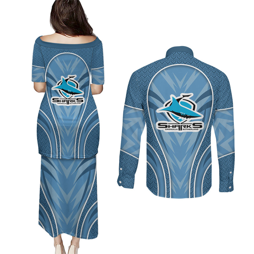 Cronulla Sutherland Sharks Rugby Mascot Couples Matching Puletasi and Long Sleeve Button Shirt Australian Rugby Culture - Tribal Inspired Sharks