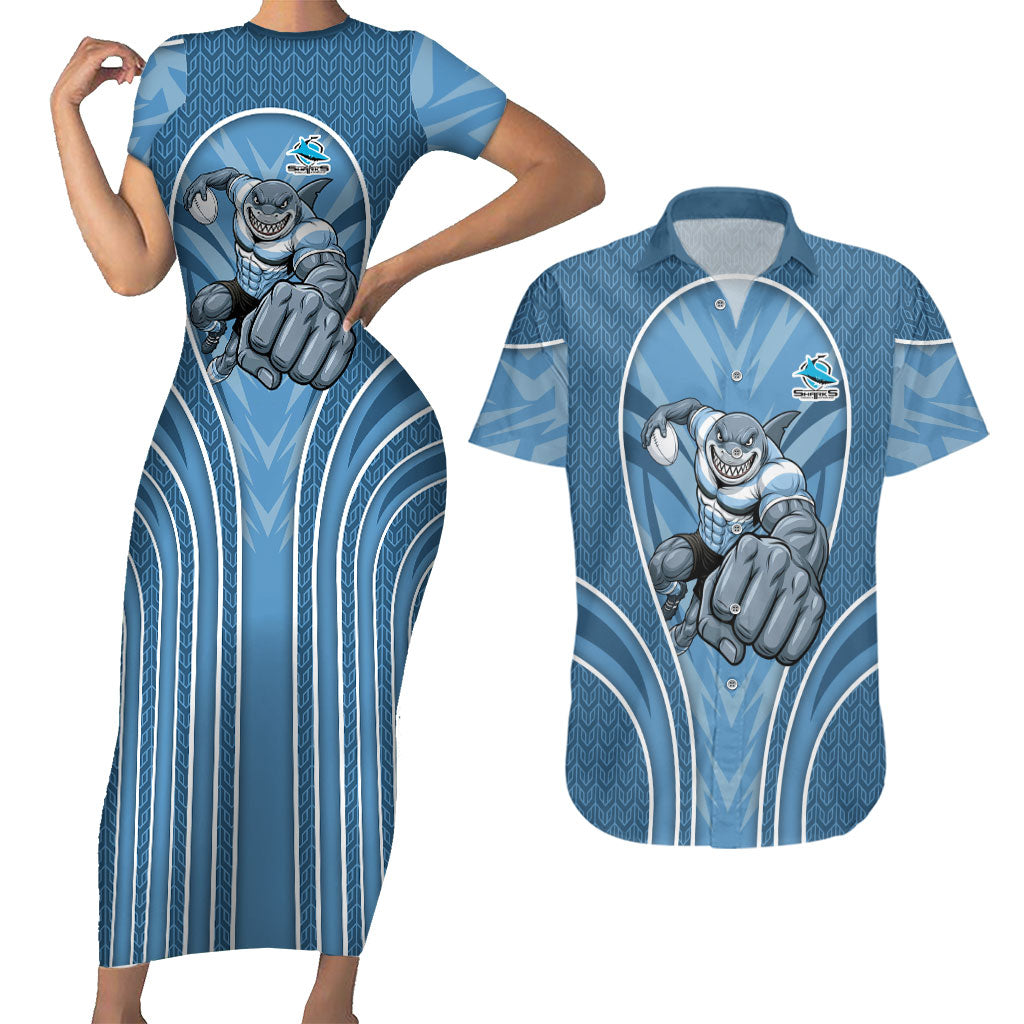 Cronulla Sutherland Sharks Rugby Mascot Couples Matching Short Sleeve Bodycon Dress and Hawaiian Shirt Australian Rugby Culture - Tribal Inspired Sharks