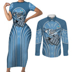 Cronulla Sutherland Sharks Rugby Mascot Couples Matching Short Sleeve Bodycon Dress and Long Sleeve Button Shirt Australian Rugby Culture - Tribal Inspired Sharks