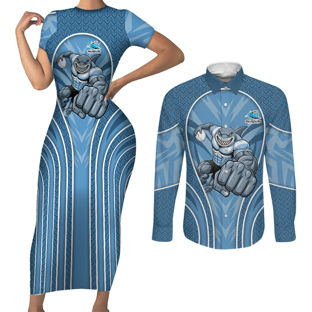 Cronulla Sutherland Sharks Rugby Mascot Couples Matching Short Sleeve Bodycon Dress and Long Sleeve Button Shirt Australian Rugby Culture - Tribal Inspired Sharks
