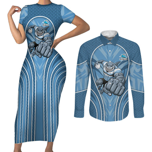 Cronulla Sutherland Sharks Rugby Mascot Couples Matching Short Sleeve Bodycon Dress and Long Sleeve Button Shirt Australian Rugby Culture - Tribal Inspired Sharks