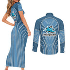 Cronulla Sutherland Sharks Rugby Mascot Couples Matching Short Sleeve Bodycon Dress and Long Sleeve Button Shirt Australian Rugby Culture - Tribal Inspired Sharks