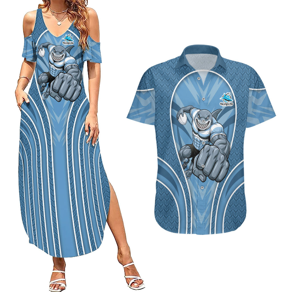Cronulla Sutherland Sharks Rugby Mascot Couples Matching Summer Maxi Dress and Hawaiian Shirt Australian Rugby Culture - Tribal Inspired Sharks