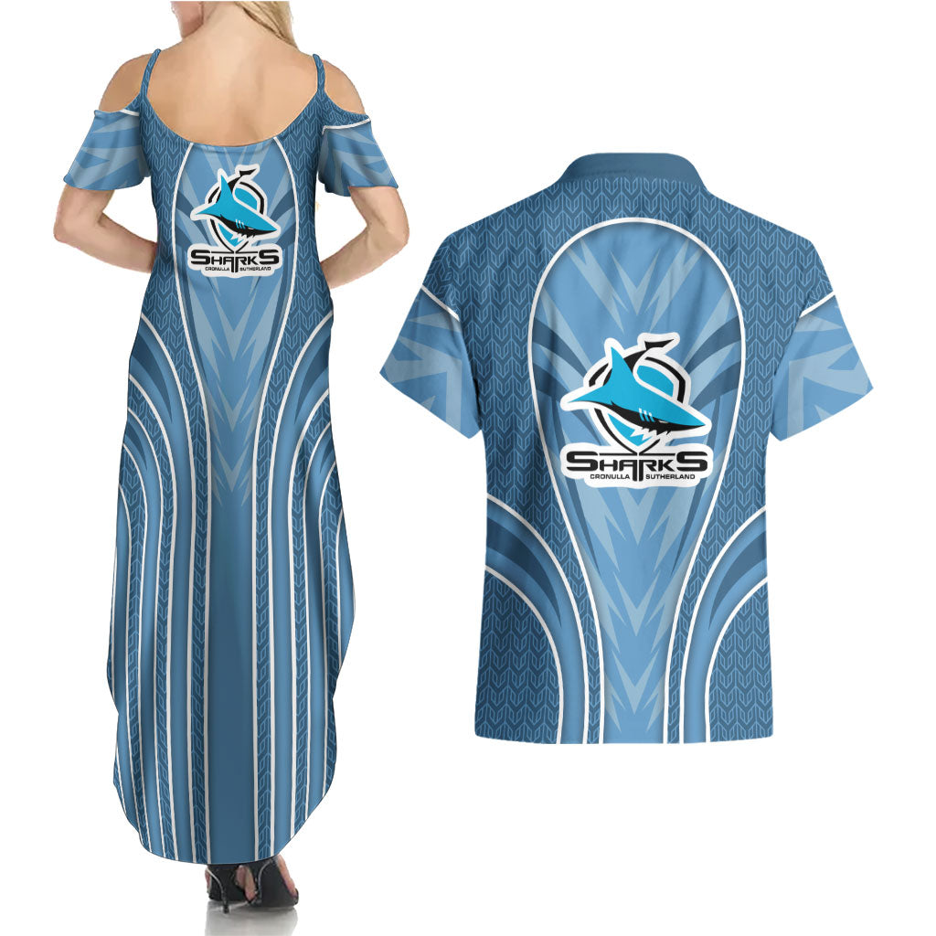 Cronulla Sutherland Sharks Rugby Mascot Couples Matching Summer Maxi Dress and Hawaiian Shirt Australian Rugby Culture - Tribal Inspired Sharks