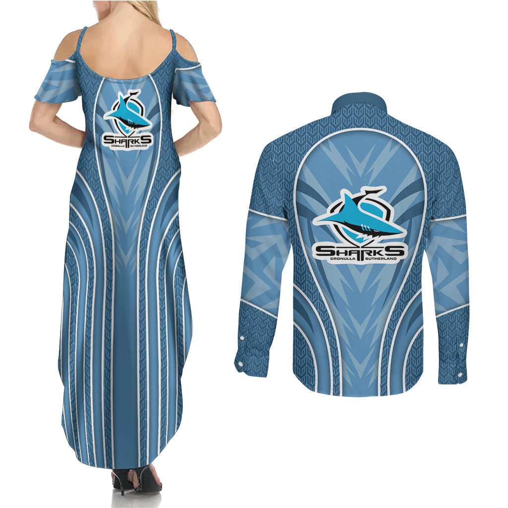 Cronulla Sutherland Sharks Rugby Mascot Couples Matching Summer Maxi Dress and Long Sleeve Button Shirt Australian Rugby Culture - Tribal Inspired Sharks