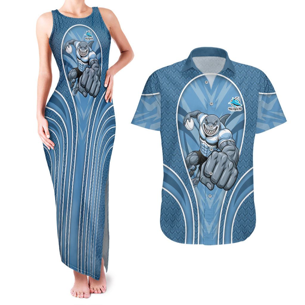 Cronulla Sutherland Sharks Rugby Mascot Couples Matching Tank Maxi Dress and Hawaiian Shirt Australian Rugby Culture - Tribal Inspired Sharks