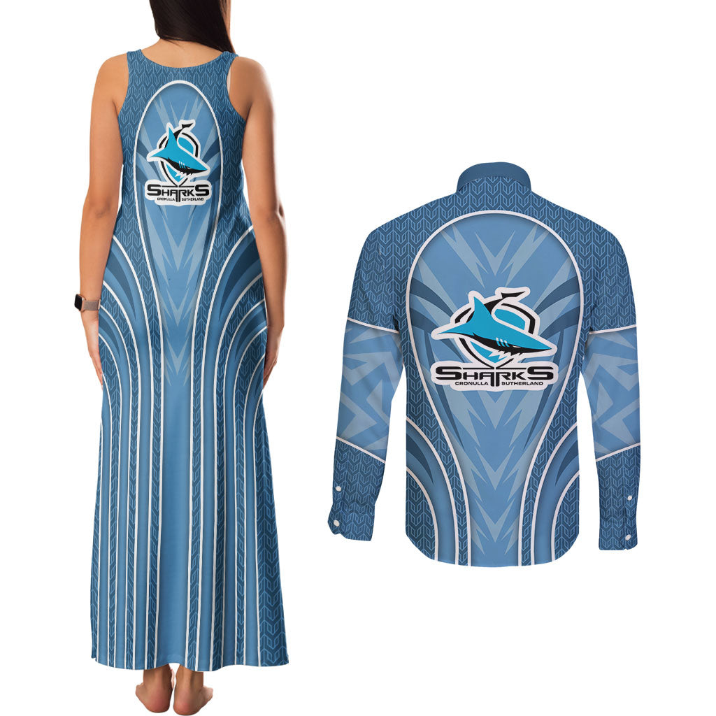 Cronulla Sutherland Sharks Rugby Mascot Couples Matching Tank Maxi Dress and Long Sleeve Button Shirt Australian Rugby Culture - Tribal Inspired Sharks