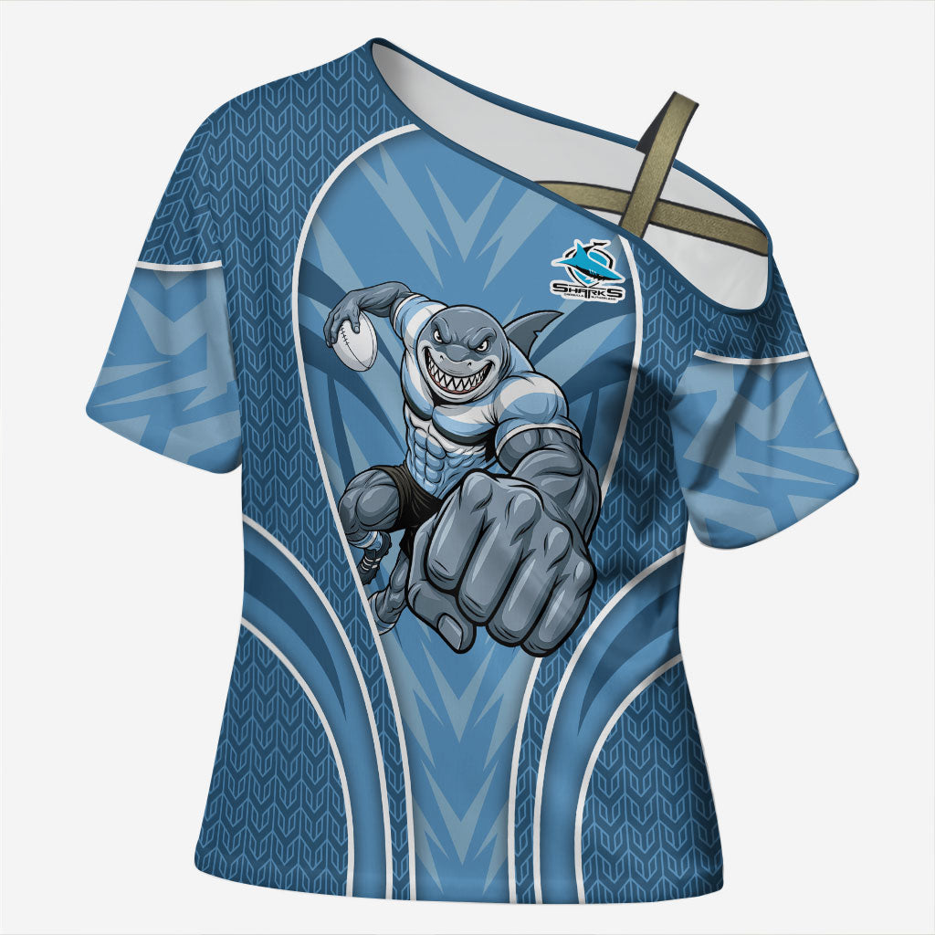 Cronulla Sutherland Sharks Rugby Mascot Cross Shoulder Shirt Australian Rugby Culture - Tribal Inspired Sharks