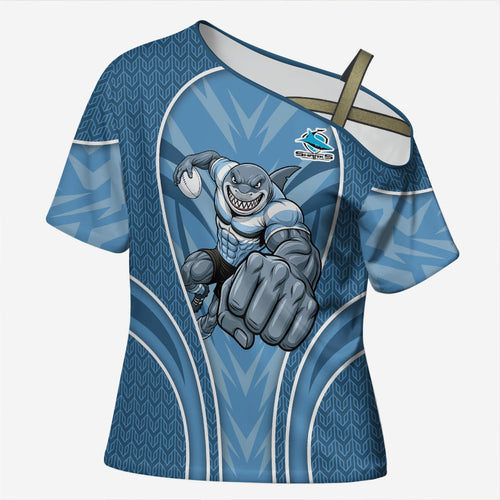Cronulla Sutherland Sharks Rugby Mascot Cross Shoulder Shirt Australian Rugby Culture - Tribal Inspired Sharks
