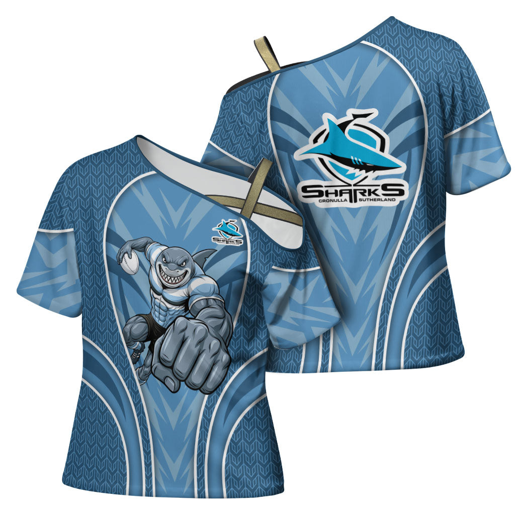 Cronulla Sutherland Sharks Rugby Mascot Cross Shoulder Shirt Australian Rugby Culture - Tribal Inspired Sharks