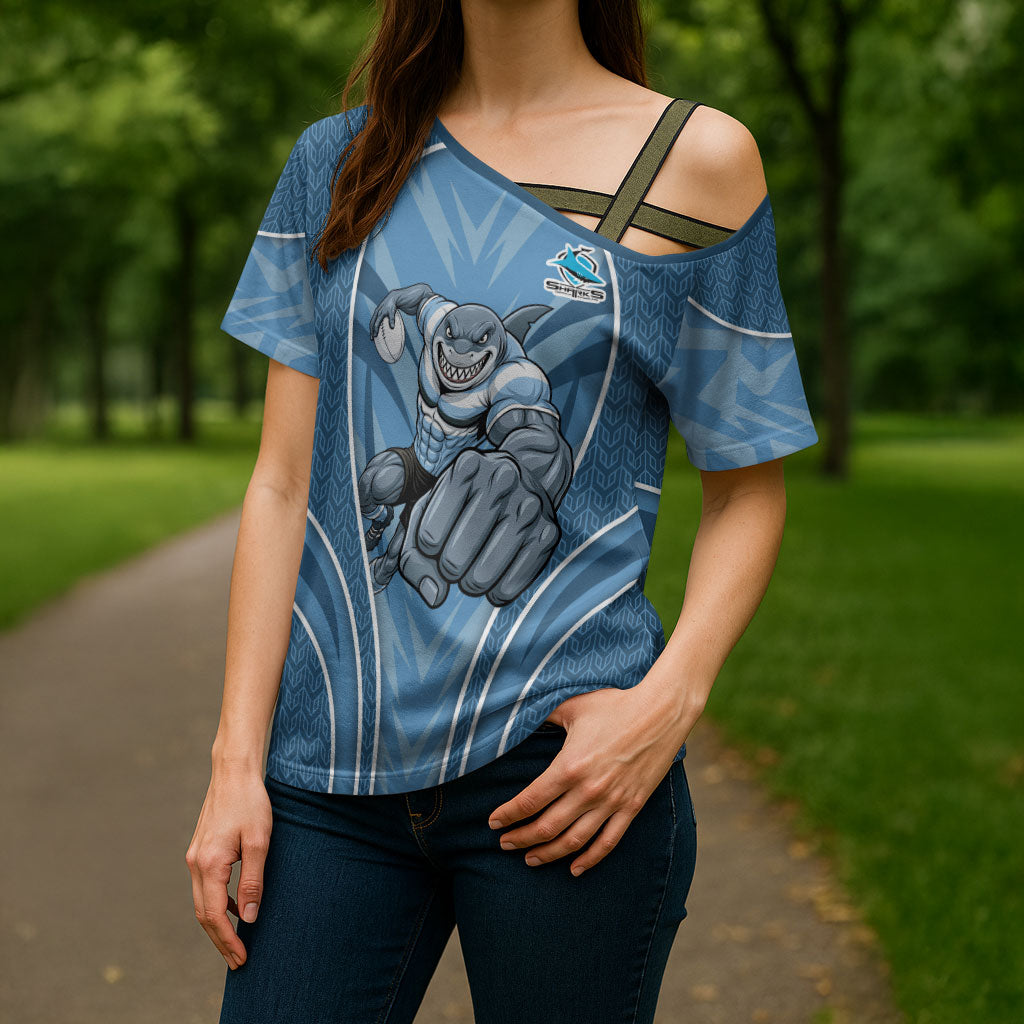Cronulla Sutherland Sharks Rugby Mascot Cross Shoulder Shirt Australian Rugby Culture - Tribal Inspired Sharks