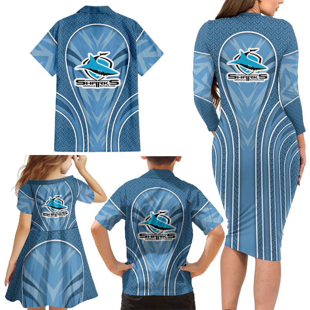 Cronulla Sutherland Sharks Rugby Mascot Family Matching Long Sleeve Bodycon Dress and Hawaiian Shirt Australian Rugby Culture - Tribal Inspired Sharks