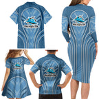 Cronulla Sutherland Sharks Rugby Mascot Family Matching Long Sleeve Bodycon Dress and Hawaiian Shirt Australian Rugby Culture - Tribal Inspired Sharks