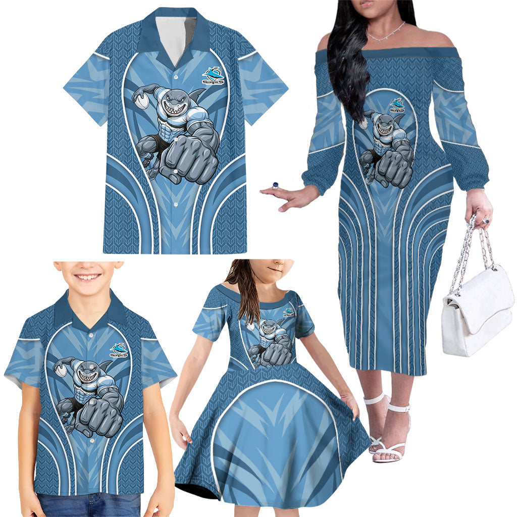Cronulla Sutherland Sharks Rugby Mascot Family Matching Off The Shoulder Long Sleeve Dress and Hawaiian Shirt Australian Rugby Culture - Tribal Inspired Sharks