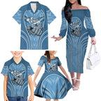 Cronulla Sutherland Sharks Rugby Mascot Family Matching Off The Shoulder Long Sleeve Dress and Hawaiian Shirt Australian Rugby Culture - Tribal Inspired Sharks