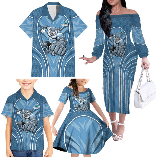 Cronulla Sutherland Sharks Rugby Mascot Family Matching Off The Shoulder Long Sleeve Dress and Hawaiian Shirt Australian Rugby Culture - Tribal Inspired Sharks