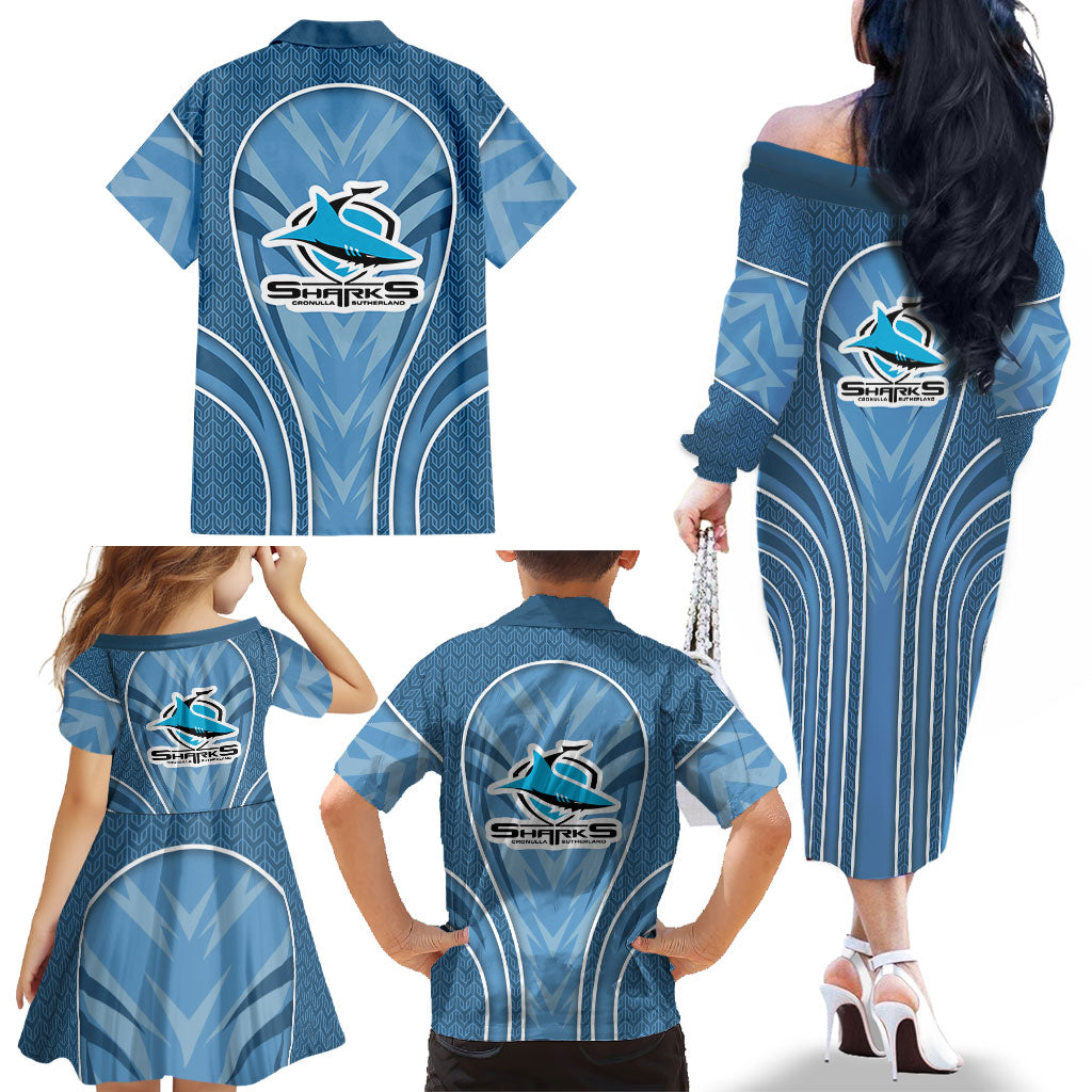 Cronulla Sutherland Sharks Rugby Mascot Family Matching Off The Shoulder Long Sleeve Dress and Hawaiian Shirt Australian Rugby Culture - Tribal Inspired Sharks