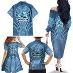 Cronulla Sutherland Sharks Rugby Mascot Family Matching Off The Shoulder Long Sleeve Dress and Hawaiian Shirt Australian Rugby Culture - Tribal Inspired Sharks