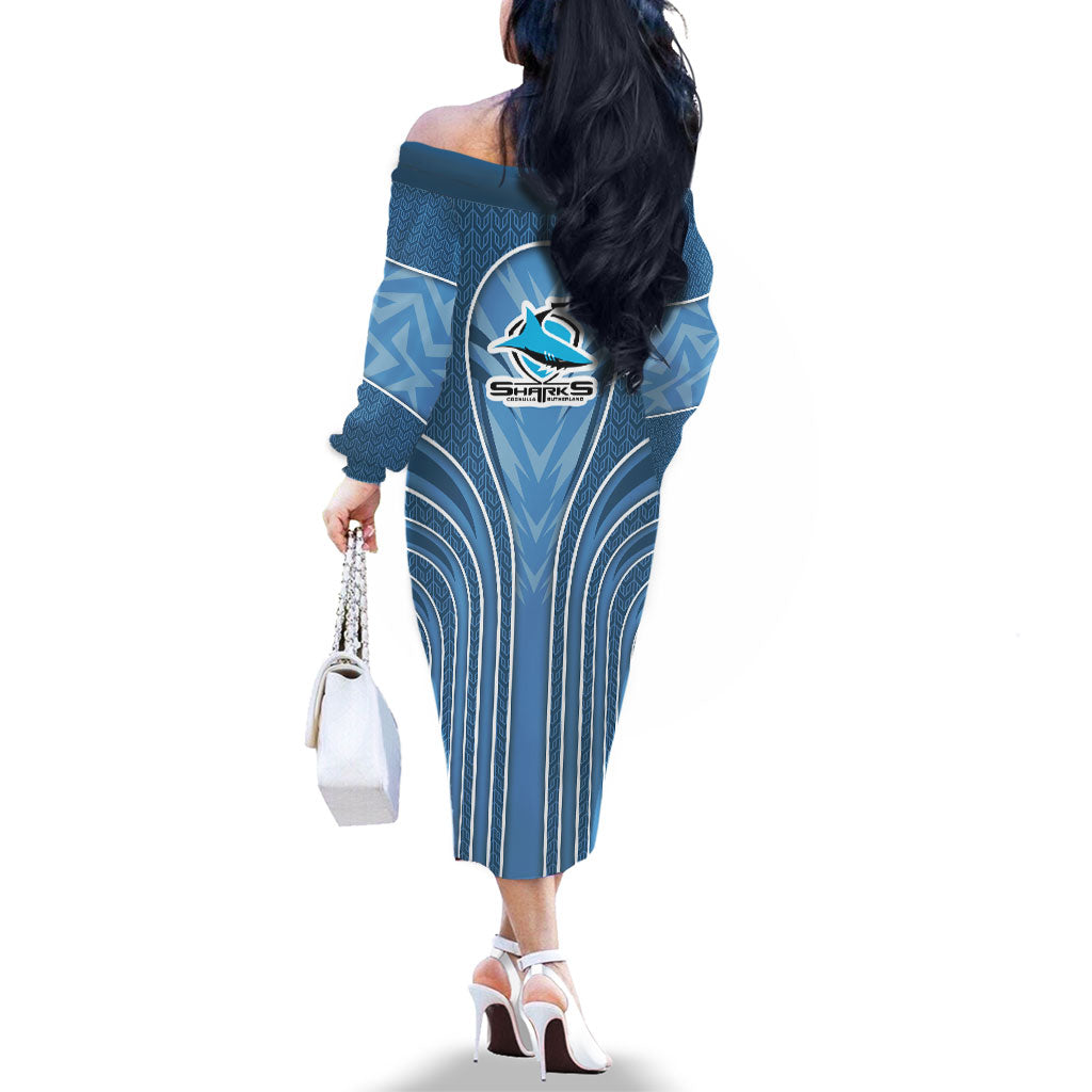 Cronulla Sutherland Sharks Rugby Mascot Family Matching Off The Shoulder Long Sleeve Dress and Hawaiian Shirt Australian Rugby Culture - Tribal Inspired Sharks