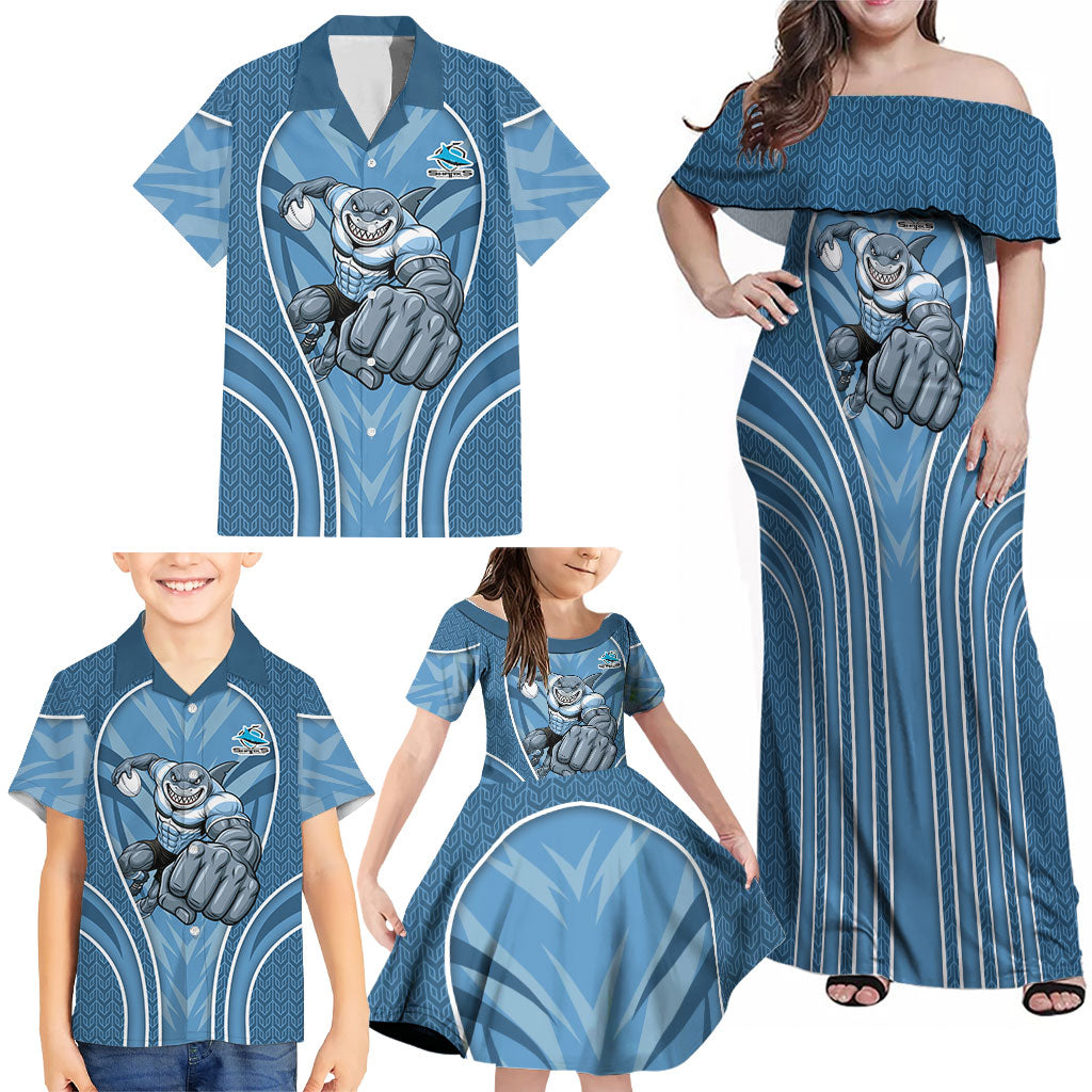 Cronulla Sutherland Sharks Rugby Mascot Family Matching Off Shoulder Maxi Dress and Hawaiian Shirt Australian Rugby Culture - Tribal Inspired Sharks
