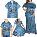Cronulla Sutherland Sharks Rugby Mascot Family Matching Off Shoulder Maxi Dress and Hawaiian Shirt Australian Rugby Culture - Tribal Inspired Sharks