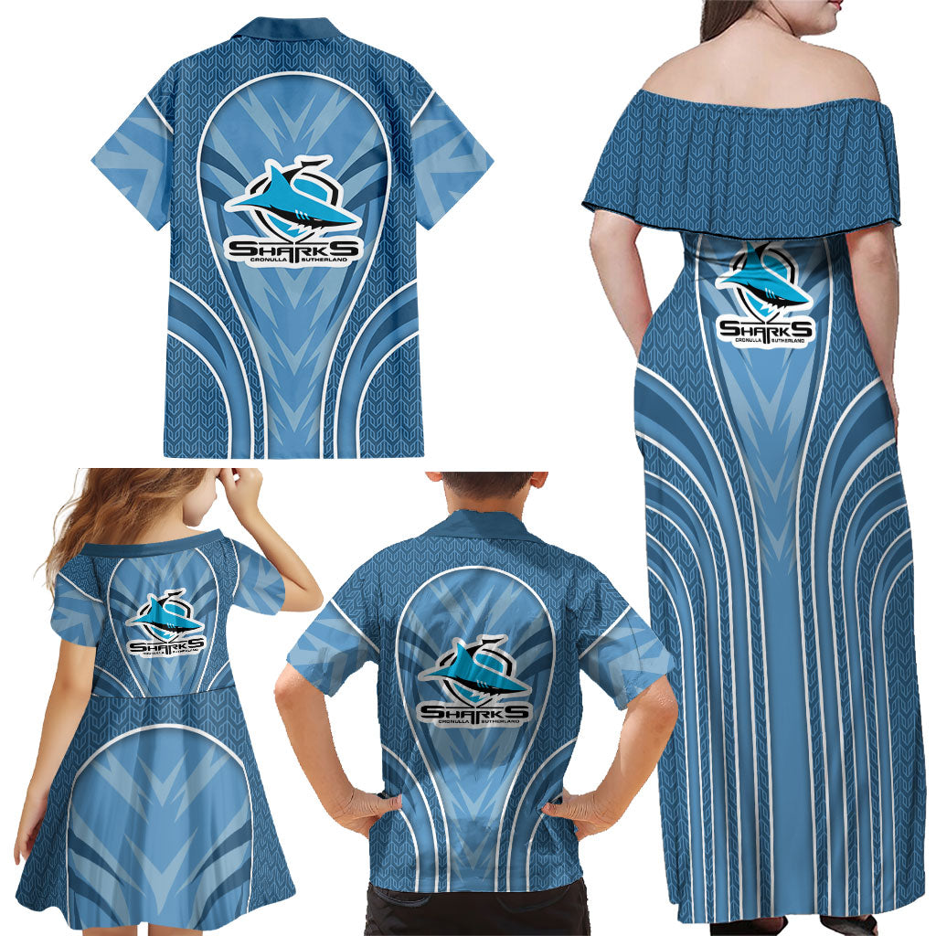 Cronulla Sutherland Sharks Rugby Mascot Family Matching Off Shoulder Maxi Dress and Hawaiian Shirt Australian Rugby Culture - Tribal Inspired Sharks