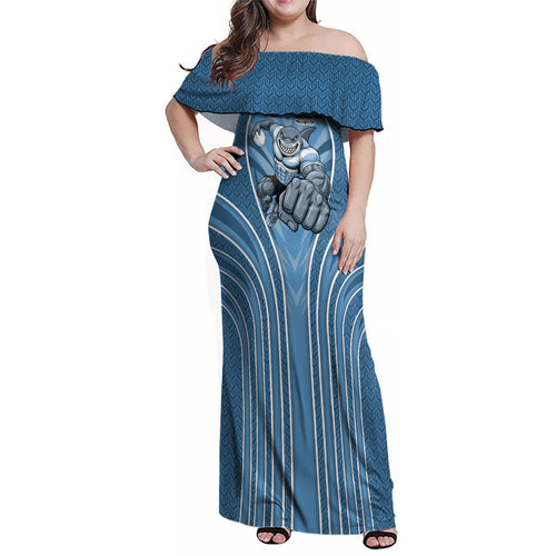 Cronulla Sutherland Sharks Rugby Mascot Family Matching Off Shoulder Maxi Dress and Hawaiian Shirt Australian Rugby Culture - Tribal Inspired Sharks