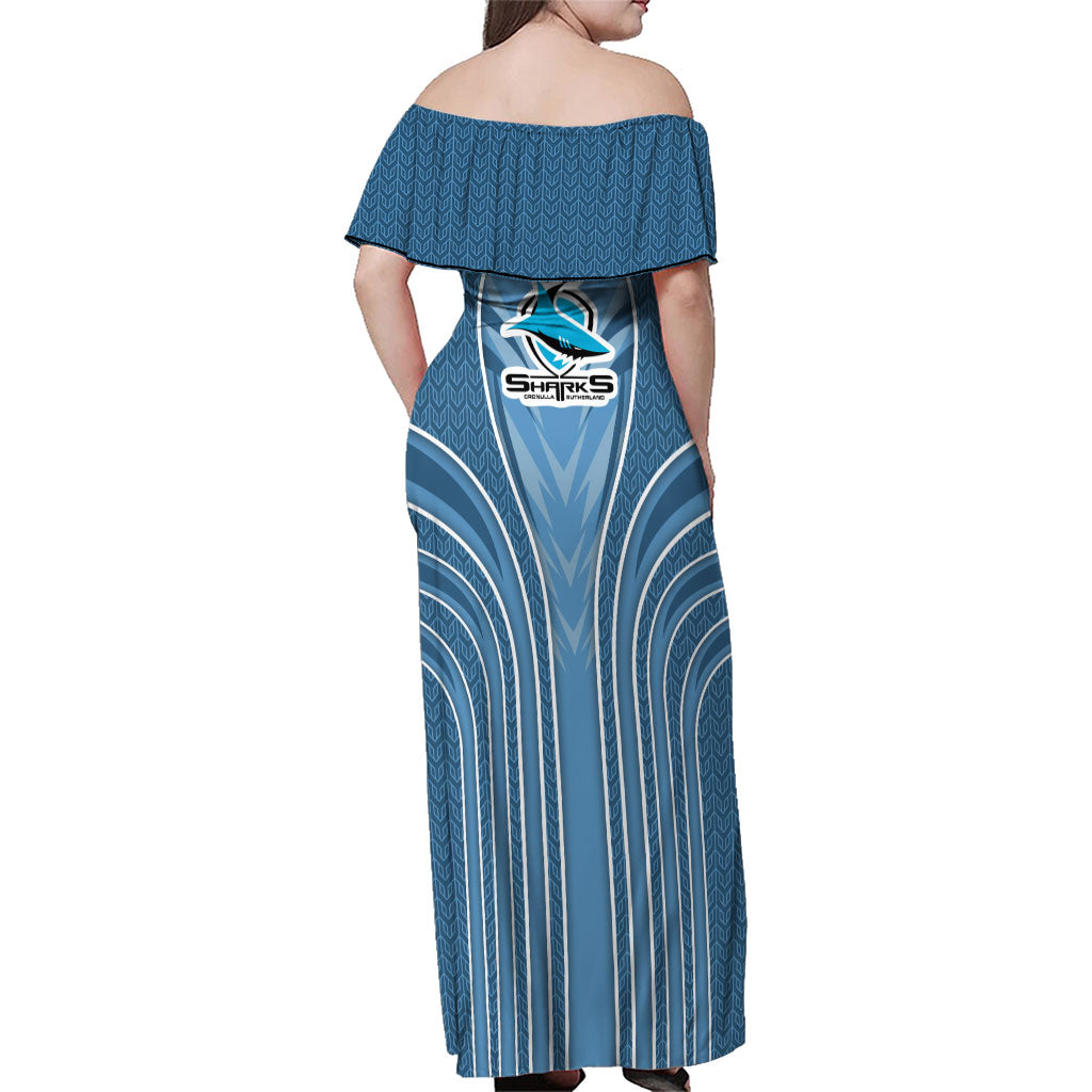 Cronulla Sutherland Sharks Rugby Mascot Family Matching Off Shoulder Maxi Dress and Hawaiian Shirt Australian Rugby Culture - Tribal Inspired Sharks
