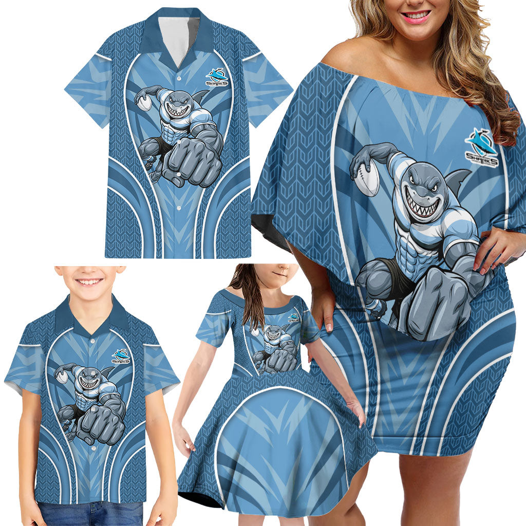 Cronulla Sutherland Sharks Rugby Mascot Family Matching Off Shoulder Short Dress and Hawaiian Shirt Australian Rugby Culture - Tribal Inspired Sharks