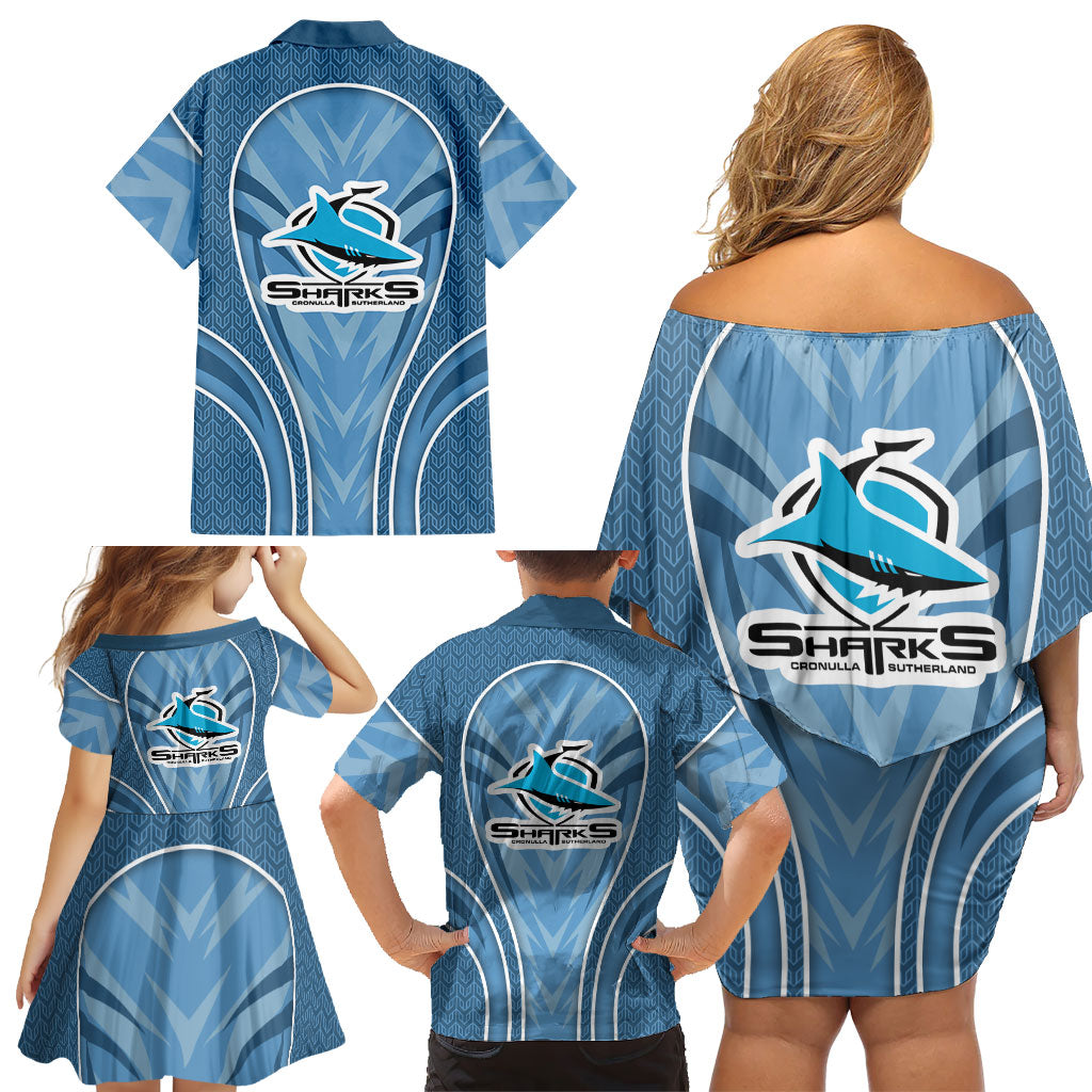 Cronulla Sutherland Sharks Rugby Mascot Family Matching Off Shoulder Short Dress and Hawaiian Shirt Australian Rugby Culture - Tribal Inspired Sharks