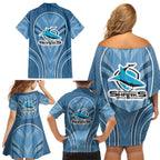 Cronulla Sutherland Sharks Rugby Mascot Family Matching Off Shoulder Short Dress and Hawaiian Shirt Australian Rugby Culture - Tribal Inspired Sharks