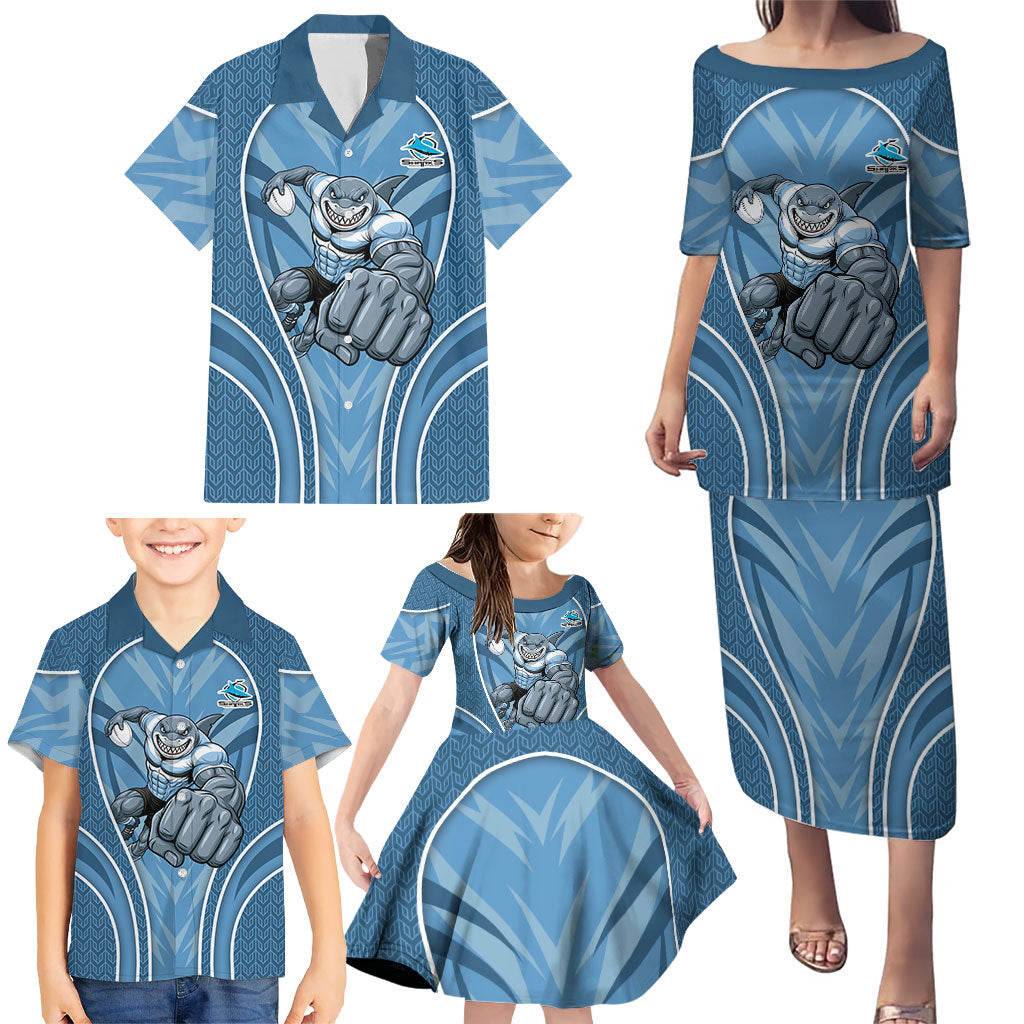 Cronulla Sutherland Sharks Rugby Mascot Family Matching Puletasi and Hawaiian Shirt Australian Rugby Culture - Tribal Inspired Sharks