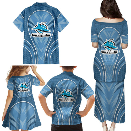 Cronulla Sutherland Sharks Rugby Mascot Family Matching Puletasi and Hawaiian Shirt Australian Rugby Culture - Tribal Inspired Sharks