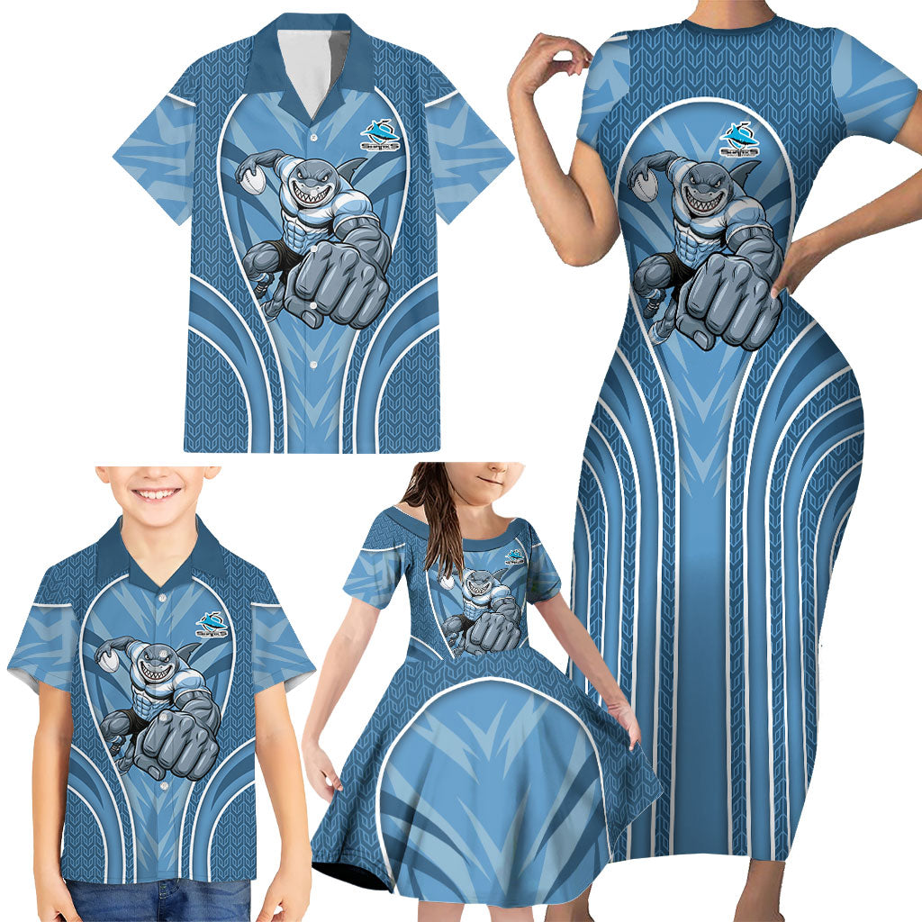 Cronulla Sutherland Sharks Rugby Mascot Family Matching Short Sleeve Bodycon Dress and Hawaiian Shirt Australian Rugby Culture - Tribal Inspired Sharks
